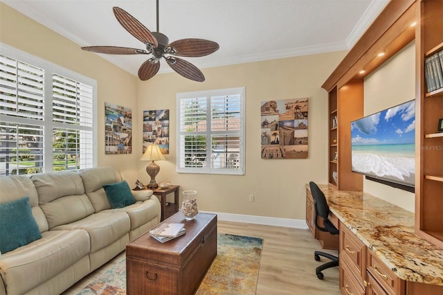 5018 Bella Terra Dr, Venice, FL 34293 - office area with light wood-type flooring, a ceiling fan, and ornamental molding