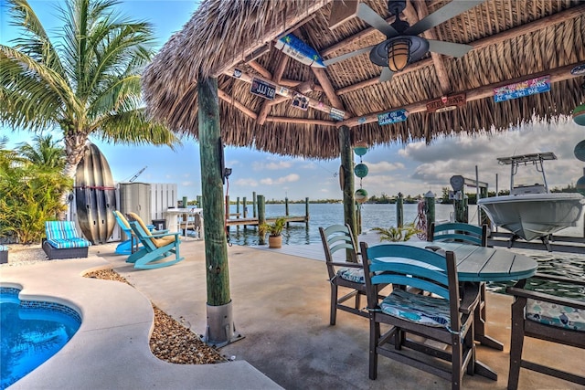 8 Sadowski Cswy, Key Colony Beach, FL 33051 - view of patio / terrace featuring a gazebo, a ceiling fan, a dock, and a water view