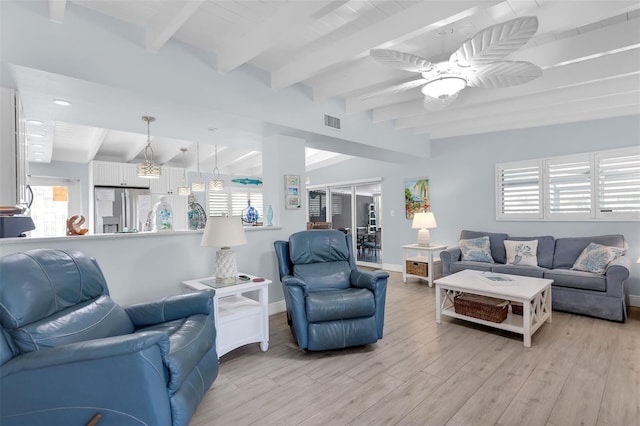 8 Sadowski Cswy, Key Colony Beach, FL 33051 - living room featuring baseboards, light wood-style floors, a ceiling fan, and beam ceiling
