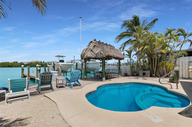 8 Sadowski Cswy, Key Colony Beach, FL 33051 - view of swimming pool featuring a fenced backyard, a patio area, a gazebo, and boat lift