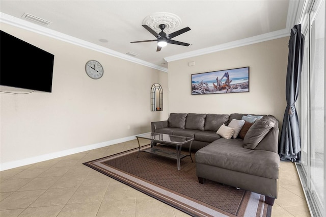 235 Base Ave E Unit 207, Venice, FL 34285 - living area featuring light tile patterned floors, crown molding, and ceiling fan