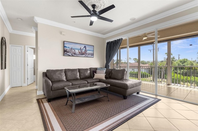 235 Base Ave E Unit 207, Venice, FL 34285 - living room with light tile patterned floors, ceiling fan, and ornamental molding