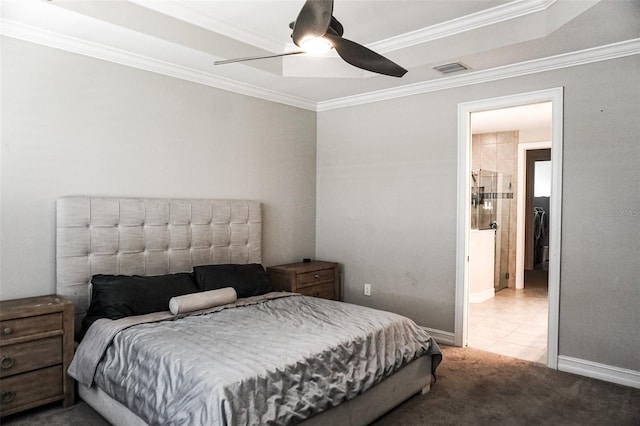 136 Positano Trl, Nokomis, FL 34275 - bedroom with crown molding, light colored carpet, a ceiling fan, and light tile patterned flooring