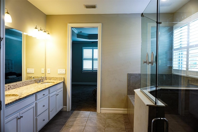 136 Positano Trl, Nokomis, FL 34275 - bathroom featuring ensuite bath, baseboards, double vanity, tile patterned floors, and a shower stall