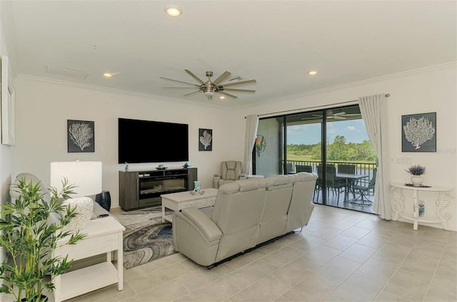 10213 Staggerbush Dr Unit 202, Venice, FL 34293 - living room featuring ornamental molding, a ceiling fan, recessed lighting, and light tile patterned floors