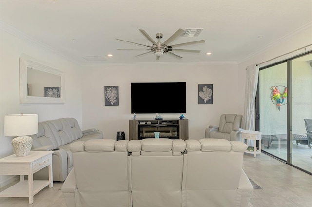 10213 Staggerbush Dr Unit 202, Venice, FL 34293 - living room featuring ceiling fan, crown molding, recessed lighting, and light tile patterned flooring