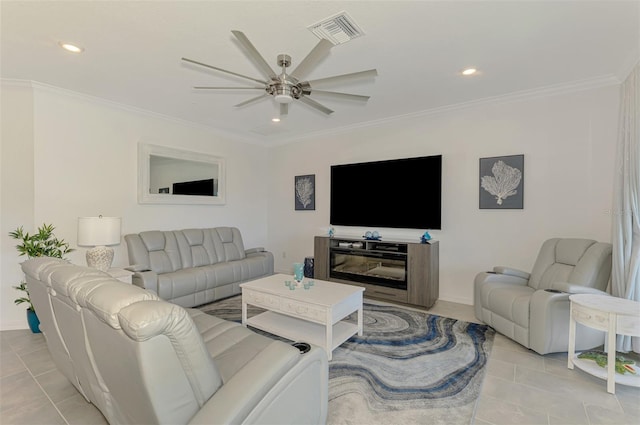 10213 Staggerbush Dr Unit 202, Venice, FL 34293 - living area featuring a ceiling fan, crown molding, recessed lighting, baseboards, and light tile patterned flooring