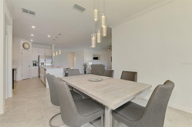10213 Staggerbush Dr Unit 202, Venice, FL 34293 - dining space featuring ornamental molding, baseboards, recessed lighting, light tile patterned flooring, and ceiling fan