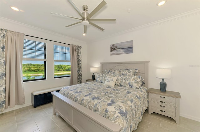 10213 Staggerbush Dr Unit 202, Venice, FL 34293 - bedroom featuring light tile patterned floors, ornamental molding, baseboards, recessed lighting, and a ceiling fan