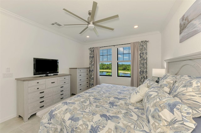 10213 Staggerbush Dr Unit 202, Venice, FL 34293 - bedroom with ornamental molding, recessed lighting, ceiling fan, baseboards, and light tile patterned flooring