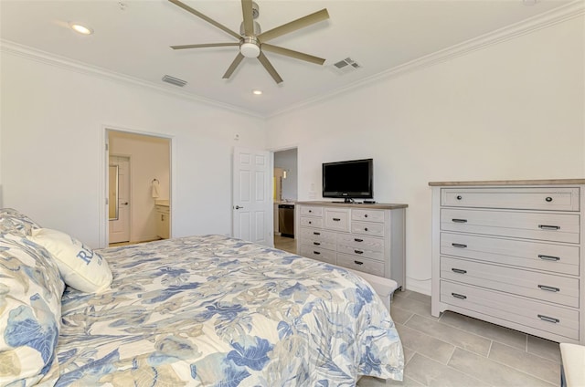 10213 Staggerbush Dr Unit 202, Venice, FL 34293 - bedroom featuring crown molding, light tile patterned floors, ensuite bathroom, recessed lighting, and ceiling fan