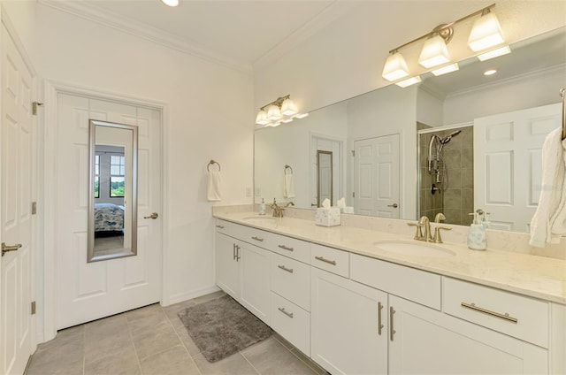 10213 Staggerbush Dr Unit 202, Venice, FL 34293 - bathroom featuring double vanity, tile patterned floors, tiled shower, crown molding, and ensuite bathroom
