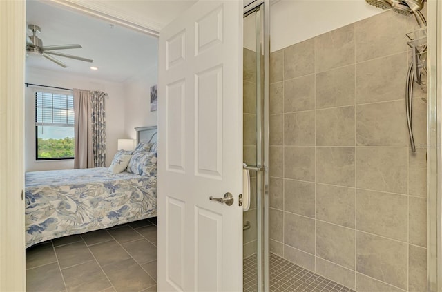 10213 Staggerbush Dr Unit 202, Venice, FL 34293 - bedroom featuring dark tile patterned floors, a ceiling fan, and crown molding
