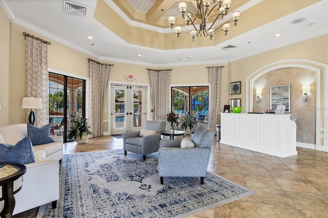 11103 Batello Dr, Venice, FL 34292 - living room featuring healthy amount of natural light, a chandelier, crown molding, recessed lighting, and french doors