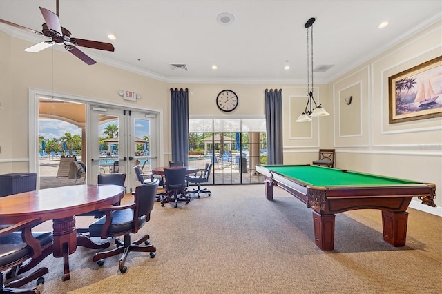 11103 Batello Dr, Venice, FL 34292 - game room with carpet floors, crown molding, french doors, a ceiling fan, and pool table
