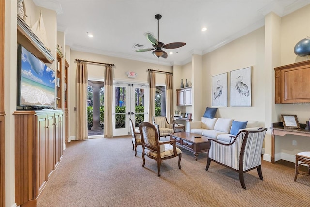 11103 Batello Dr, Venice, FL 34292 - living area featuring light carpet, ceiling fan, french doors, ornamental molding, and recessed lighting