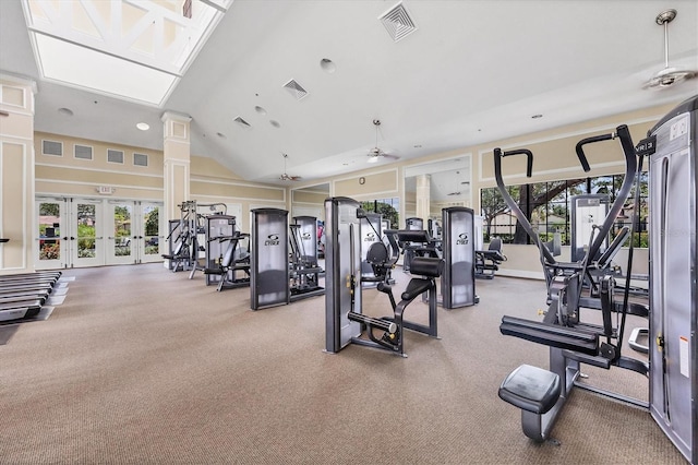11103 Batello Dr, Venice, FL 34292 - exercise room featuring healthy amount of natural light, recessed lighting, french doors, vaulted ceiling, and a ceiling fan