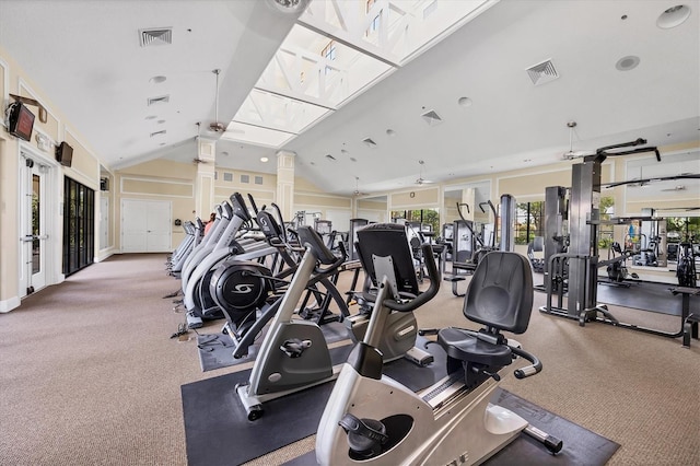 11103 Batello Dr, Venice, FL 34292 - exercise room featuring lofted ceiling, carpet, and french doors
