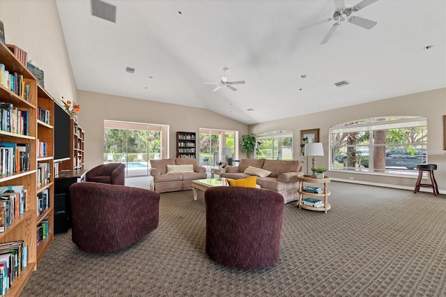 188 Grand Oak Cir, Venice, FL 34292 - living area with a ceiling fan, carpet flooring, and lofted ceiling