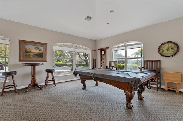 188 Grand Oak Cir, Venice, FL 34292 - game room featuring carpet flooring, plenty of natural light, pool table, and vaulted ceiling