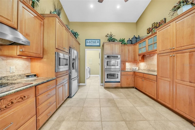 249 Hallcrest Ter, Port Charlotte, FL 33954 - kitchen with appliances with stainless steel finishes, extractor fan, backsplash, light stone countertops, and a ceiling fan