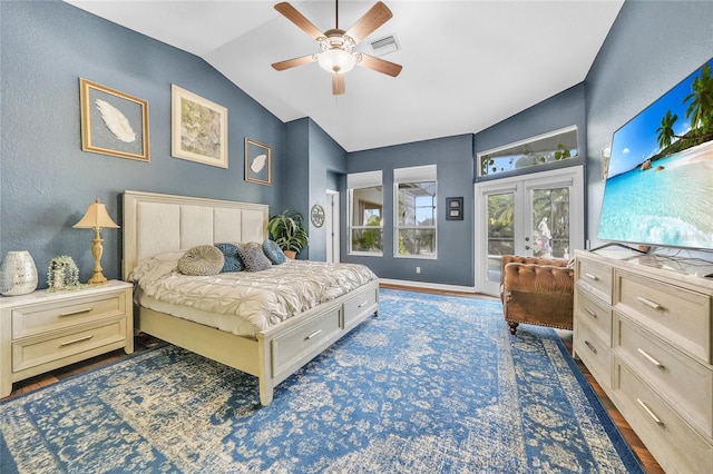 249 Hallcrest Ter, Port Charlotte, FL 33954 - bedroom featuring access to outside, lofted ceiling, wood finished floors, and a ceiling fan