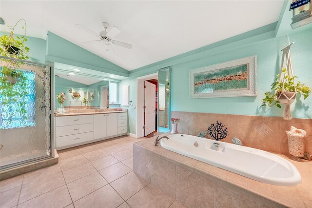 249 Hallcrest Ter, Port Charlotte, FL 33954 - full bath featuring vaulted ceiling, vanity, a bath, a shower stall, and a ceiling fan