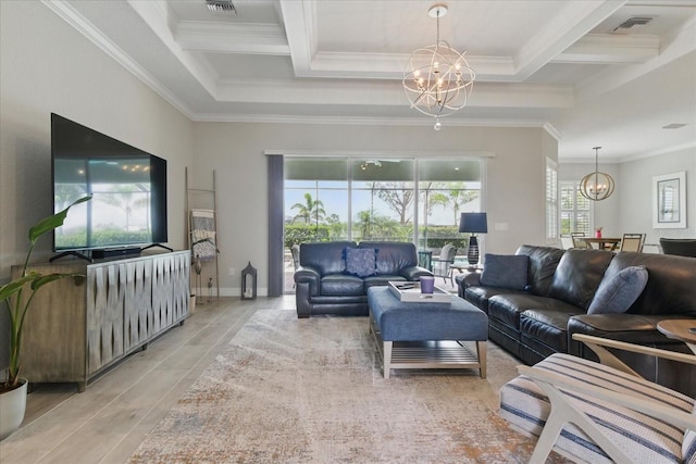 15336 Spanish Point Dr, Port Charlotte, FL 33981 - living room featuring a chandelier, ornamental molding, light wood finished floors, and beam ceiling