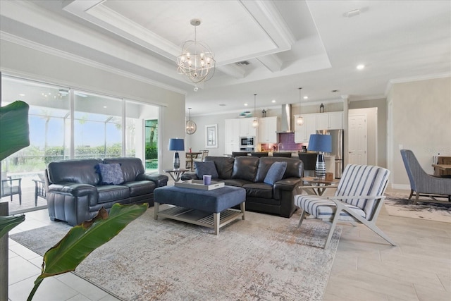 15336 Spanish Point Dr, Port Charlotte, FL 33981 - living room with a chandelier, healthy amount of natural light, crown molding, and recessed lighting
