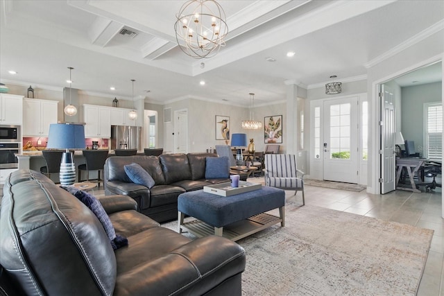 15336 Spanish Point Dr, Port Charlotte, FL 33981 - living room featuring a chandelier, recessed lighting, light tile patterned flooring, crown molding, and beam ceiling
