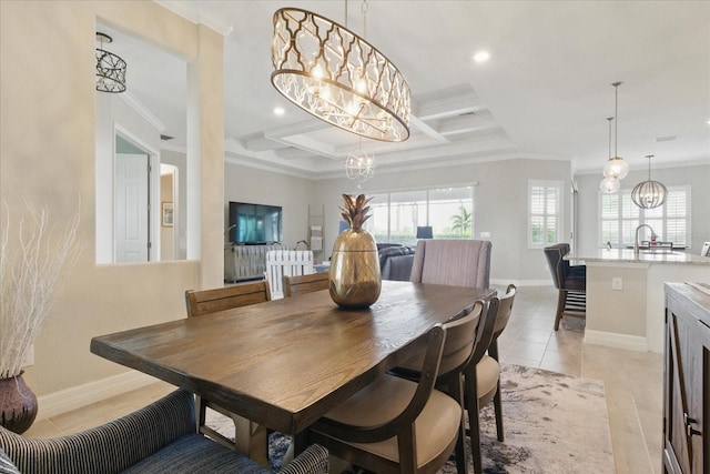 15336 Spanish Point Dr, Port Charlotte, FL 33981 - dining room featuring a chandelier, ornamental molding, coffered ceiling, recessed lighting, and light tile patterned flooring