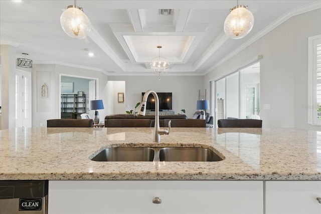 15336 Spanish Point Dr, Port Charlotte, FL 33981 - kitchen featuring open floor plan, crown molding, hanging light fixtures, coffered ceiling, and beam ceiling