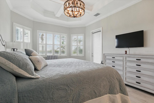 15336 Spanish Point Dr, Port Charlotte, FL 33981 - bedroom with coffered ceiling, crown molding, a chandelier, and beam ceiling