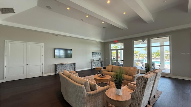 15963 Crofton Springs Way, Port Charlotte, FL 33953 - living area featuring dark wood-type flooring, beamed ceiling, baseboards, and recessed lighting