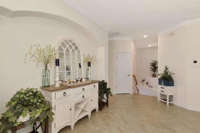 10789 Tarflower Dr Unit 202, Venice, FL 34293 - hallway with crown molding, recessed lighting, and an upstairs landing