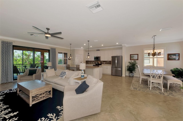 10789 Tarflower Dr Unit 202, Venice, FL 34293 - living area featuring a chandelier, crown molding, a ceiling fan, and recessed lighting