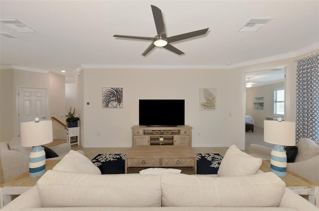 10789 Tarflower Dr Unit 202, Venice, FL 34293 - living room with ceiling fan, ornamental molding, and stairs