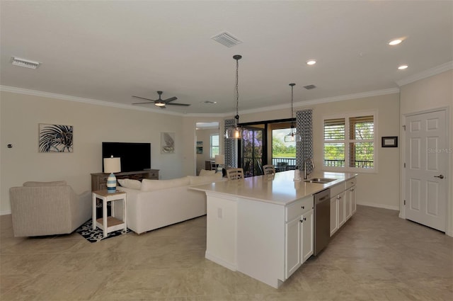 10789 Tarflower Dr Unit 202, Venice, FL 34293 - kitchen with white cabinetry, light countertops, ornamental molding, a ceiling fan, and open floor plan