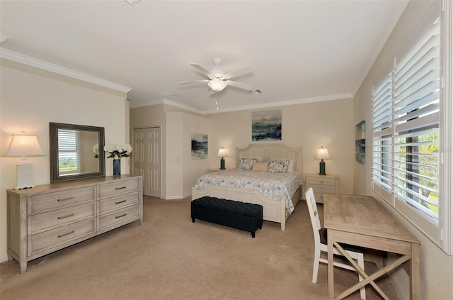 10789 Tarflower Dr Unit 202, Venice, FL 34293 - bedroom featuring light colored carpet, multiple windows, crown molding, and ceiling fan