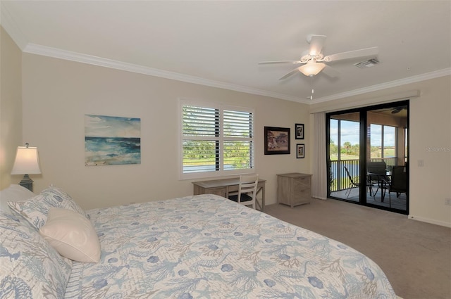 10789 Tarflower Dr Unit 202, Venice, FL 34293 - carpeted bedroom with access to exterior, ornamental molding, and a ceiling fan
