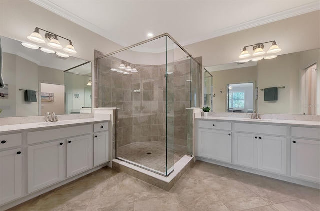 10789 Tarflower Dr Unit 202, Venice, FL 34293 - full bathroom with crown molding, a stall shower, tile patterned flooring, and two vanities
