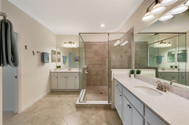 10789 Tarflower Dr Unit 202, Venice, FL 34293 - full bath featuring two vanities, a shower stall, and crown molding