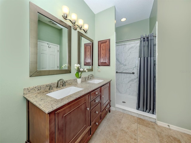 6505 Meandering Way, Lakewood Ranch, FL 34202 - full bath featuring double vanity, a shower with curtain, and tile patterned flooring