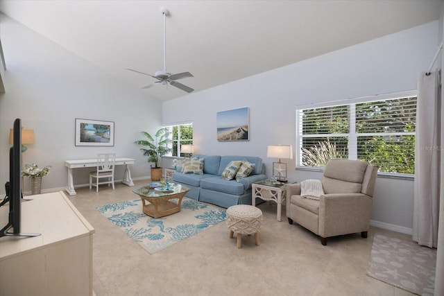 751 Capri Isles Blvd Unit 108, Venice, FL 34292 - living room with a ceiling fan, baseboards, high vaulted ceiling, and light tile patterned flooring