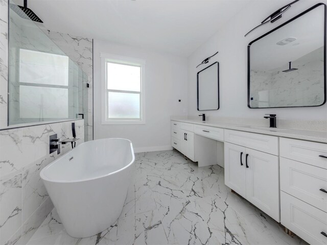 137 Mariner Ln, Rotonda West, FL 33947 - bathroom featuring double vanity, marble finish floors, a marble finish shower, a freestanding bath, and baseboards