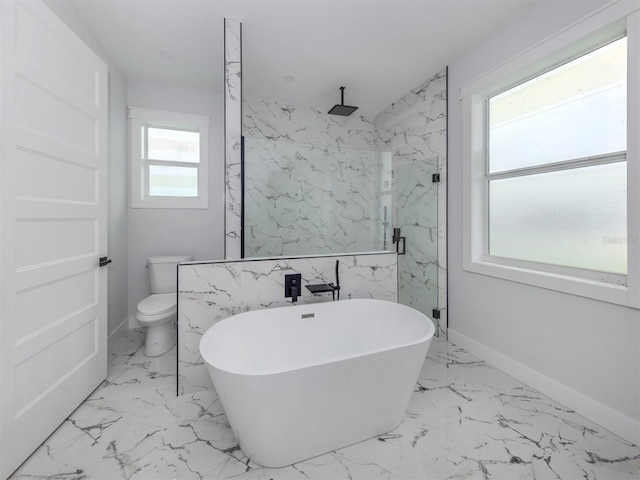 137 Mariner Ln, Rotonda West, FL 33947 - full bathroom with a soaking tub, a marble finish shower, toilet, marble finish flooring, and baseboards