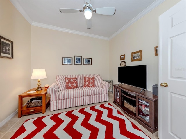 29704 Niagara Ct, Englewood, FL 34223 - living room with ornamental molding, ceiling fan, and tile patterned flooring
