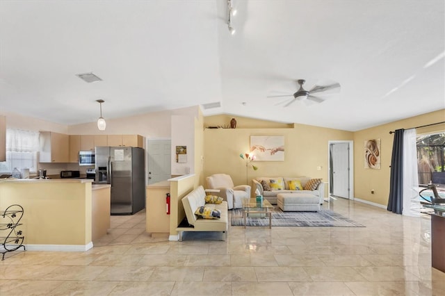 2445 Apache St, Sarasota, FL 34231 - living room featuring lofted ceiling and a ceiling fan
