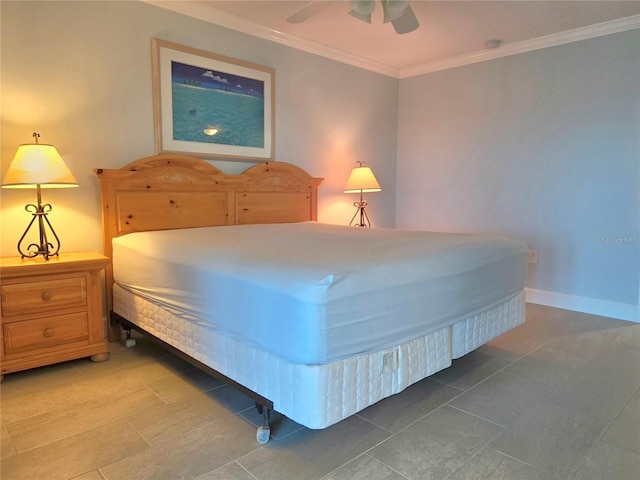 333 The Esplanade N Unit 102, Venice, FL 34285 - tiled bedroom featuring ornamental molding and a ceiling fan