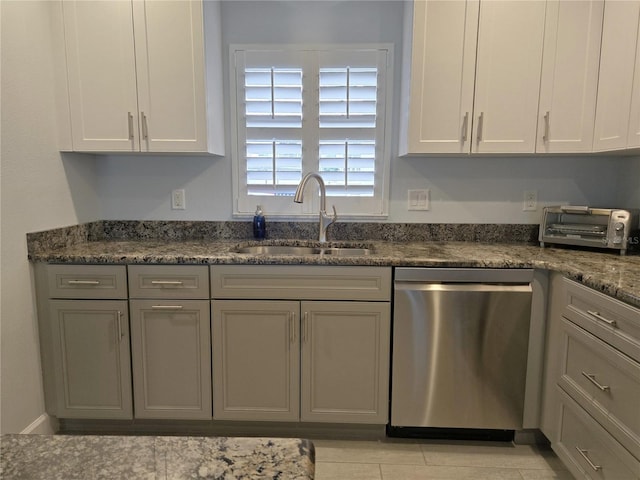 333 The Esplanade N Unit 102, Venice, FL 34285 - kitchen with dishwasher, gray cabinets, dark stone counters, and white cabinetry